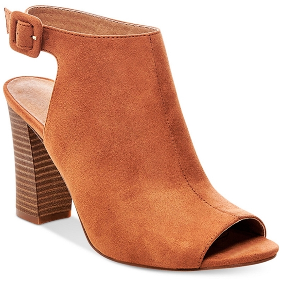 Madden Girl Tan Suede Peep Toe Booties Classic Neutral Shoes Block Heel 7.5 - Picture 1 of 8